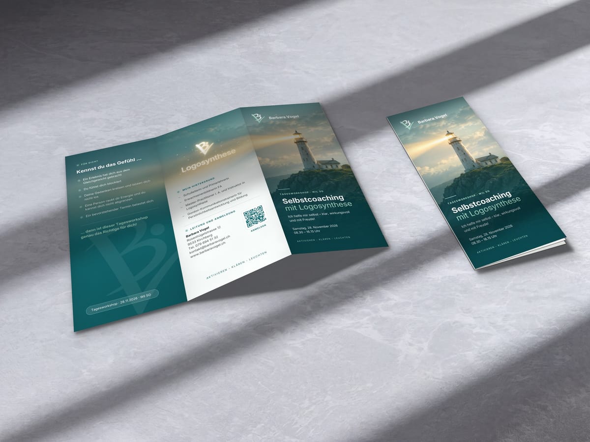 Falzflyer «Selbstcoaching mit Logosynthese» von Barbara Vogel, Aussenseite offen und gefaltet